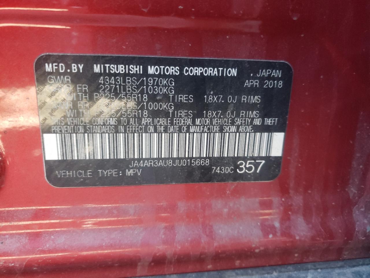 Photo 10 from auction – 2018 MITSUBISHI OUTLANDER with VIN JA4AR3AU8JU015668