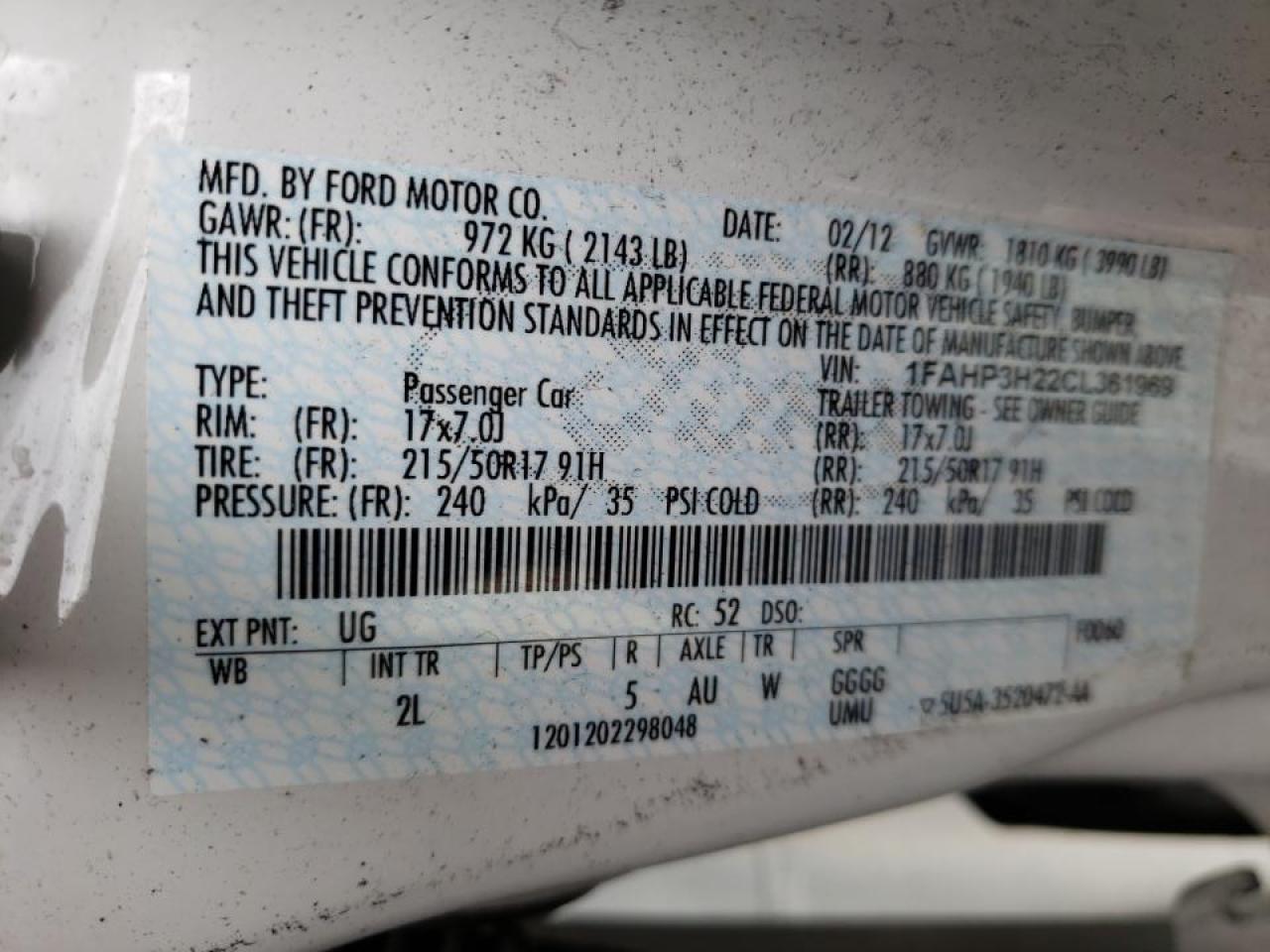 Photo 10 from auction – 2012 FORD FOCUS SEL with VIN 1FAHP3H22CL361969