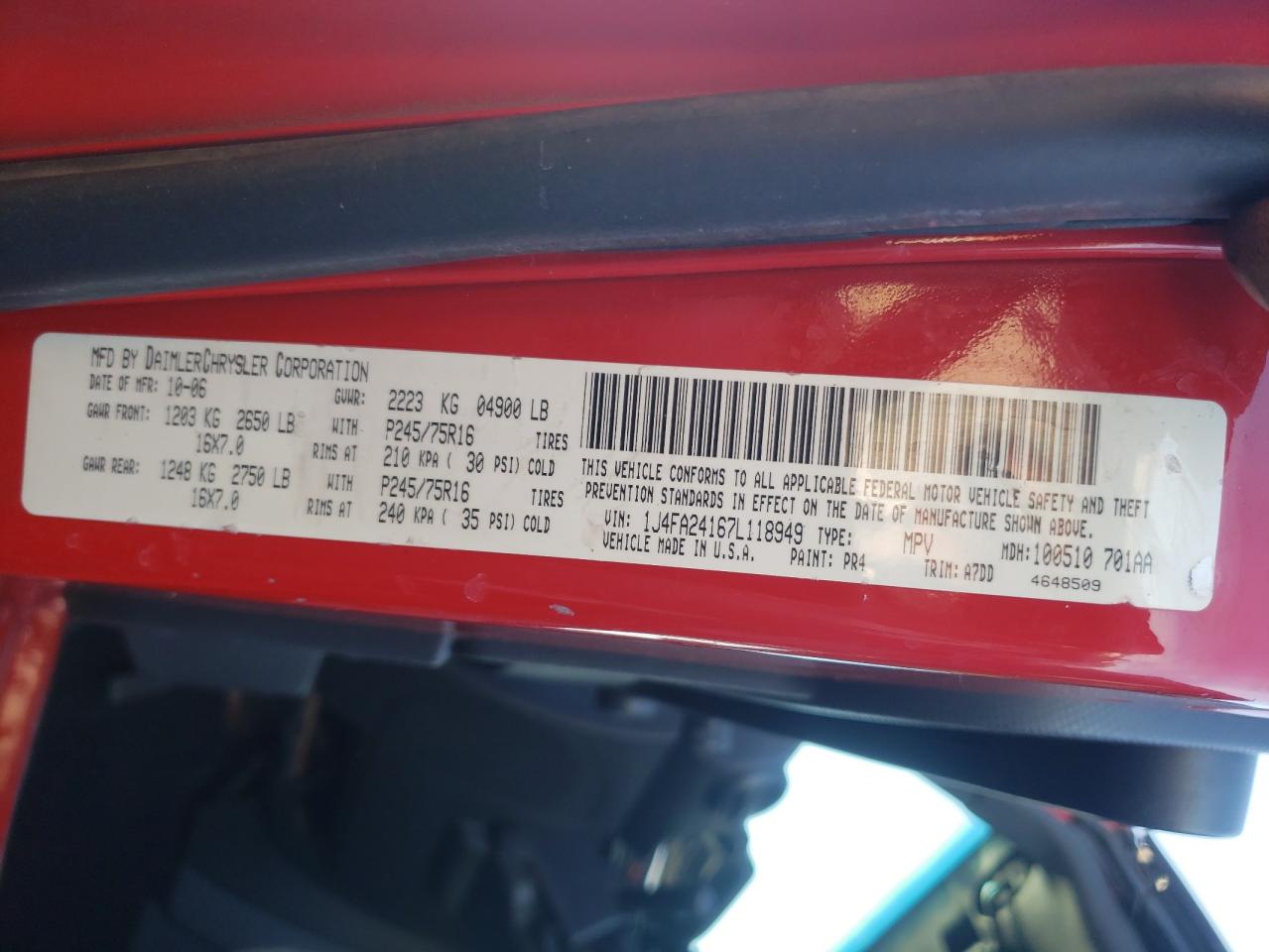 Photo 10 from auction – 2007 JEEP WRANGLER X with VIN 1J4FA24167L118949