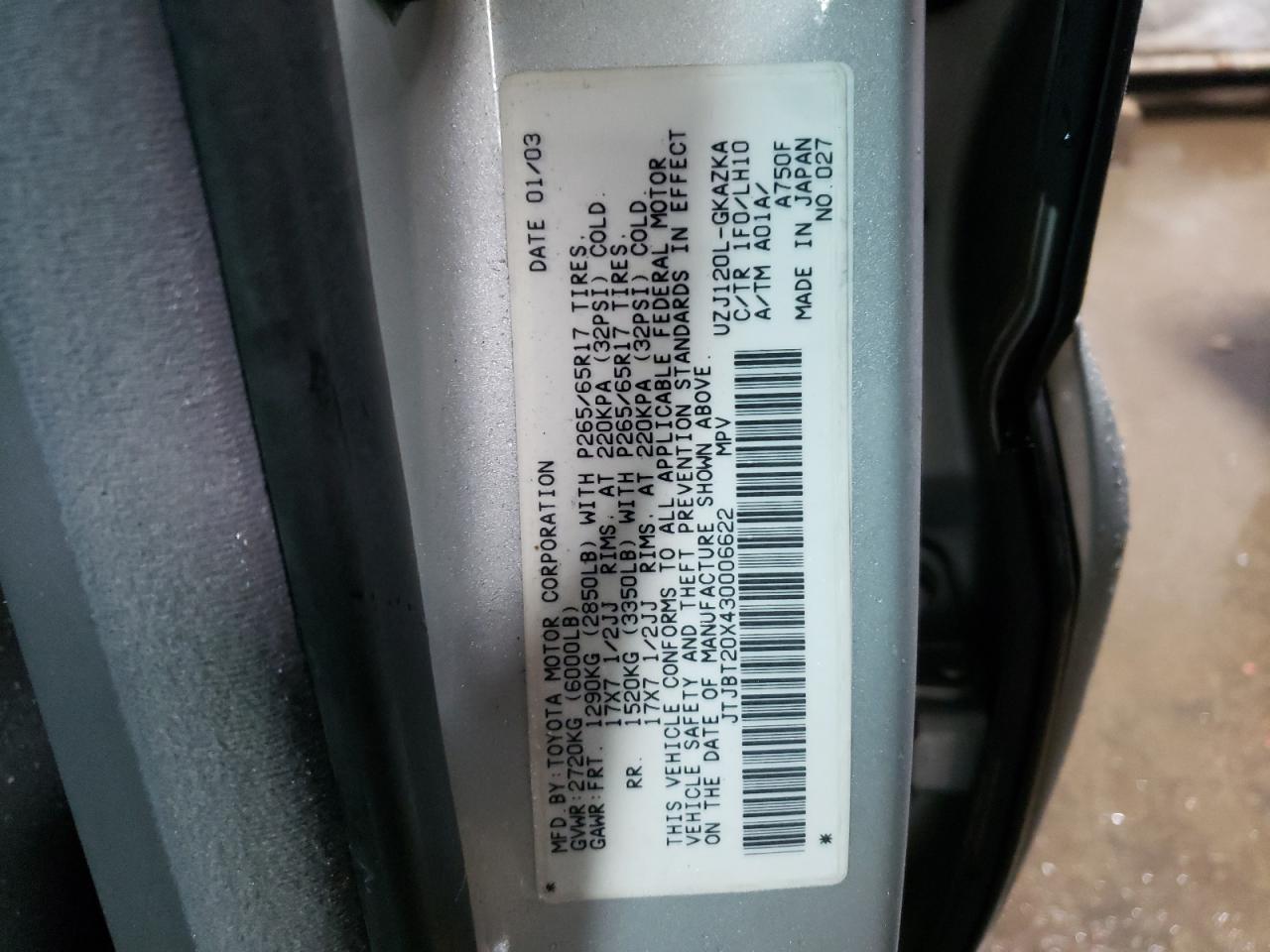 Photo 10 from auction – 2003 LEXUS GX 470 with VIN JTJBT20X430006622