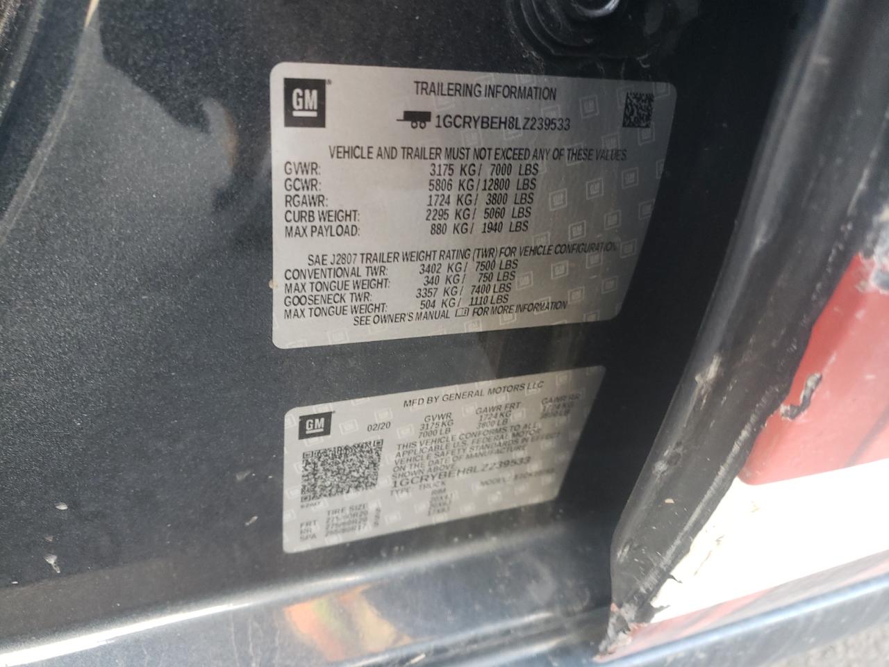 Photo 10 from auction – 2020 CHEVROLET SILVERADO with VIN 1GCRYBEH8LZ239533