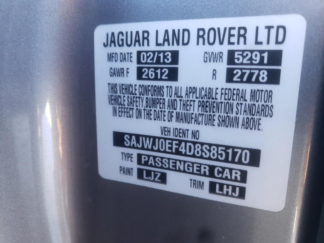 Photo 10 from auction – 2013 JAGUAR XF with VIN SAJWJ0EF4D8S85170