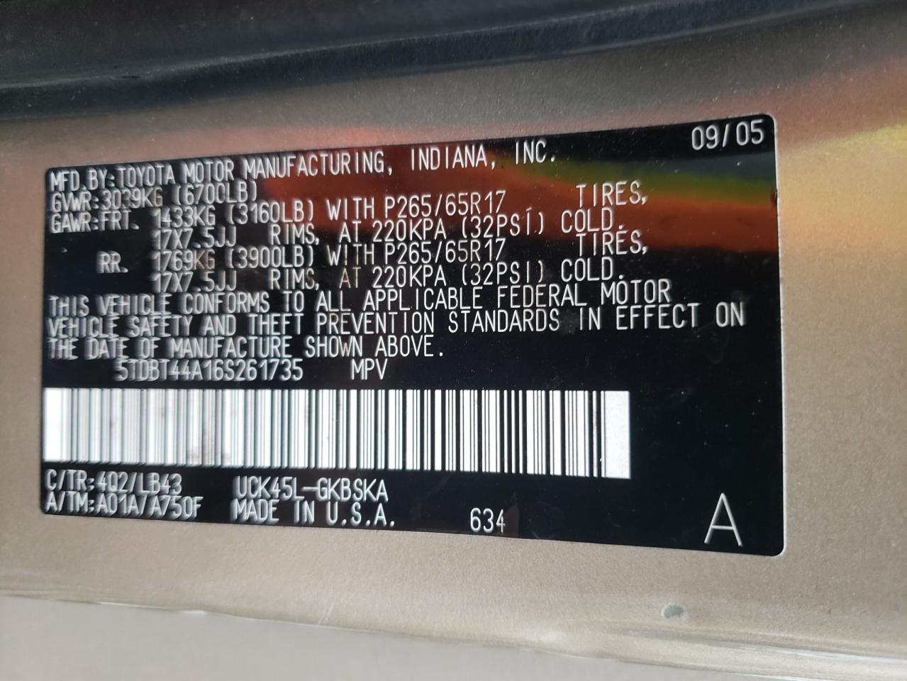 Photo 10 from auction – 2006 TOYOTA SEQUOIA SR with VIN 5TDBT44A16S261735