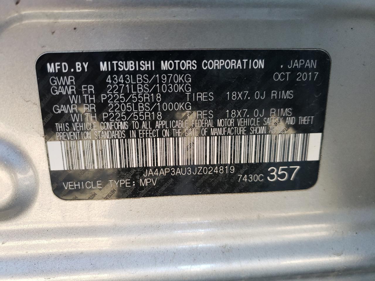 Photo 10 from auction – 2018 MITSUBISHI OUTLANDER with VIN JA4AP3AU3JZ024819