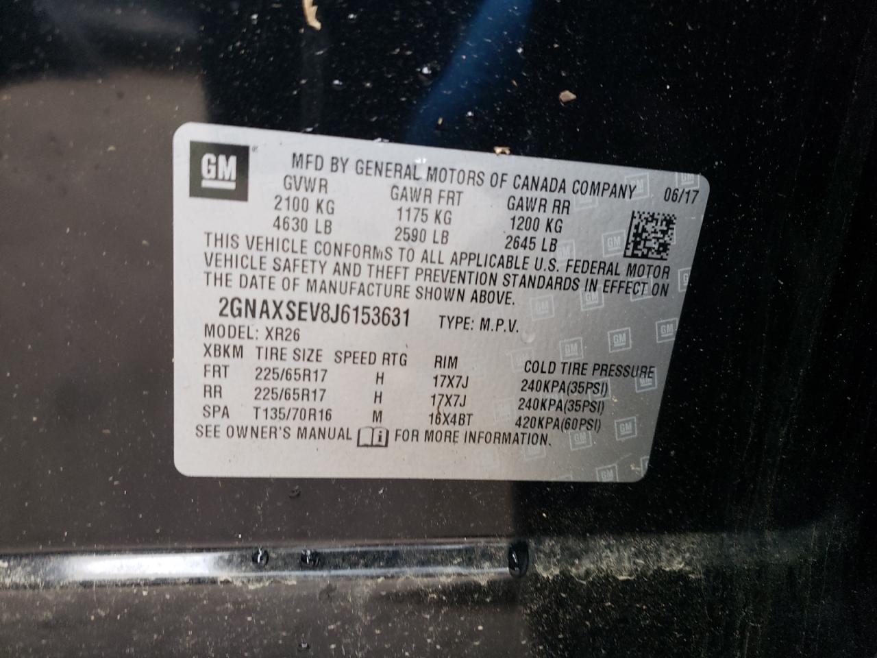 Photo 10 from auction – 2018 CHEVROLET EQUINOX LT with VIN 2GNAXSEV8J6153631