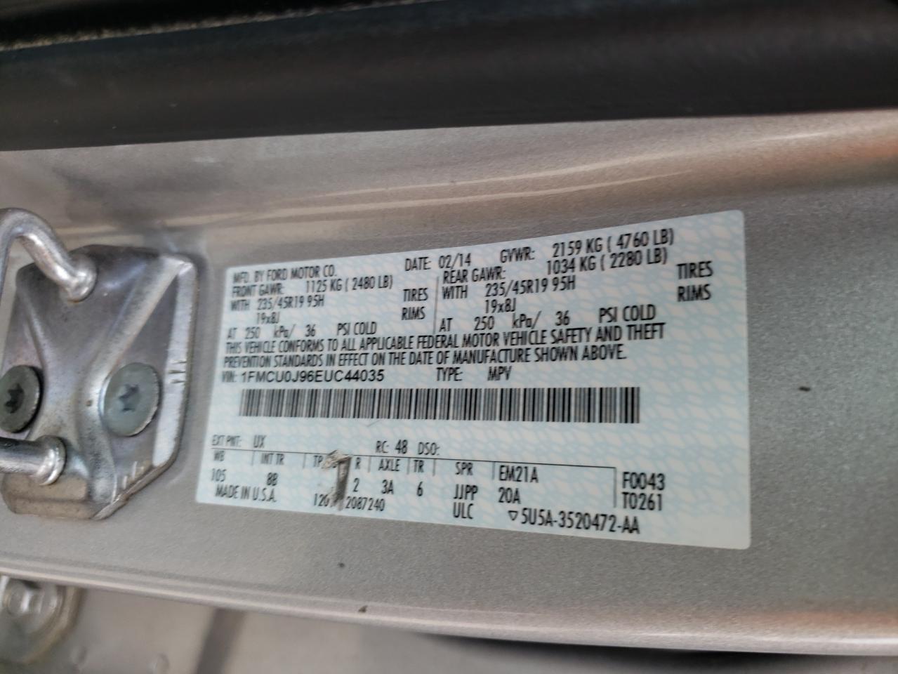 Photo 10 from auction – 2014 FORD ESCAPE TIT with VIN 1FMCU0J96EUC44035