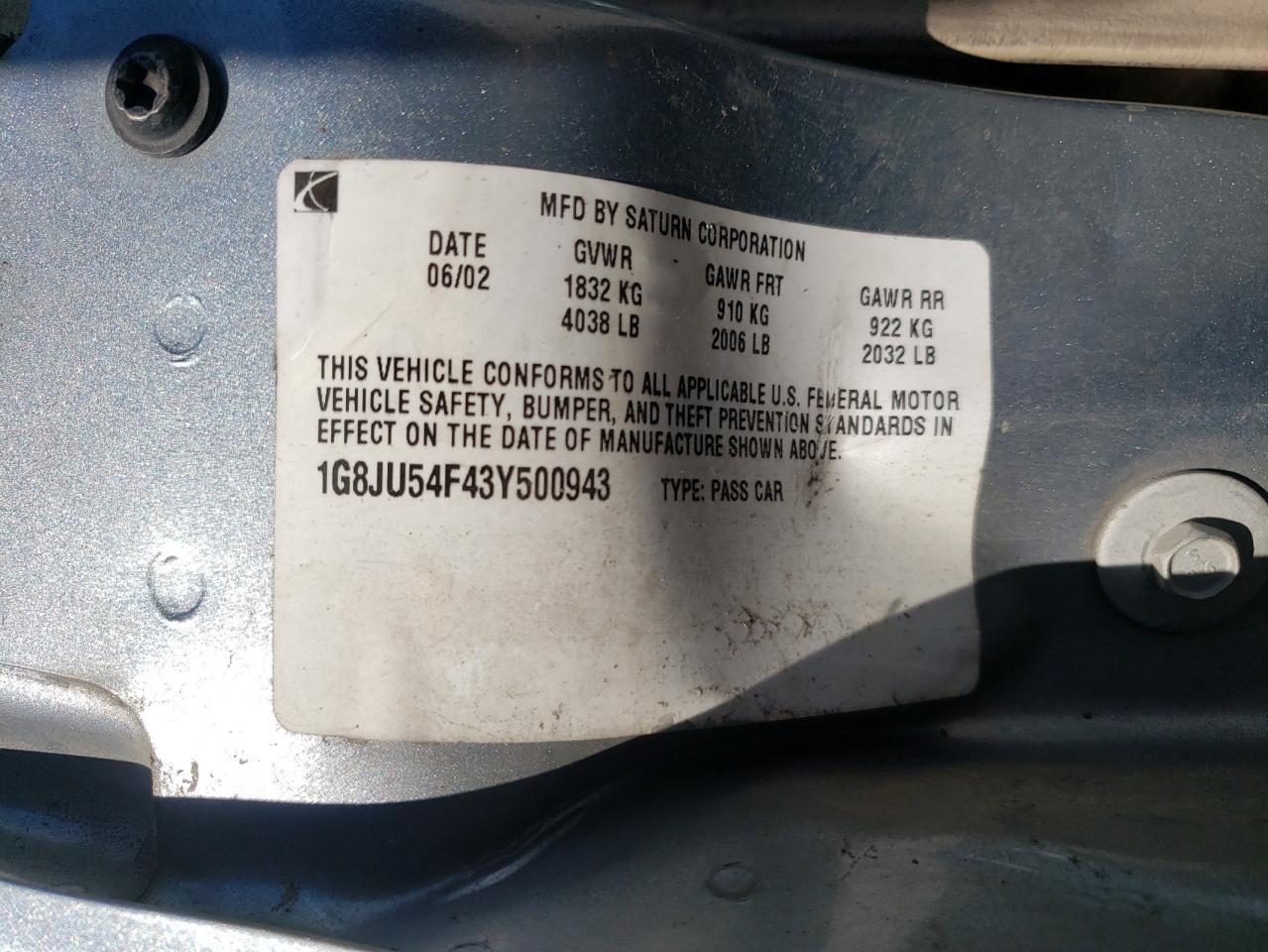 Photo 10 from auction – 2003 SATURN L200 with VIN 1G8JU54F43Y500943