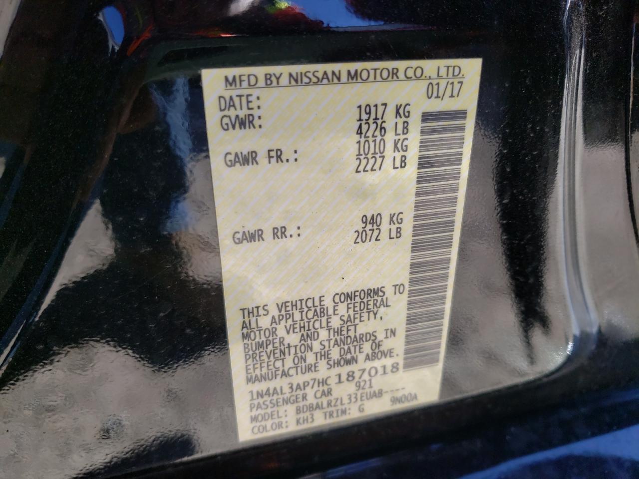 Photo 10 from auction – 2017 NISSAN ALTIMA 2.5 with VIN 1N4AL3AP7HC187018