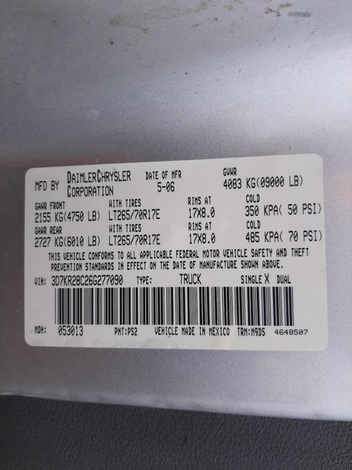 Photo 10 from auction – 2006 DODGE RAM 2500 S with VIN 3D7KR28C26G277090