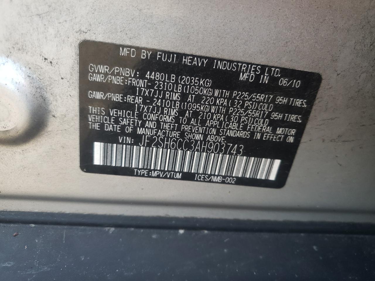 Photo 10 from auction – 2010 SUBARU FORESTER 2 with VIN JF2SH6CC3AH903743