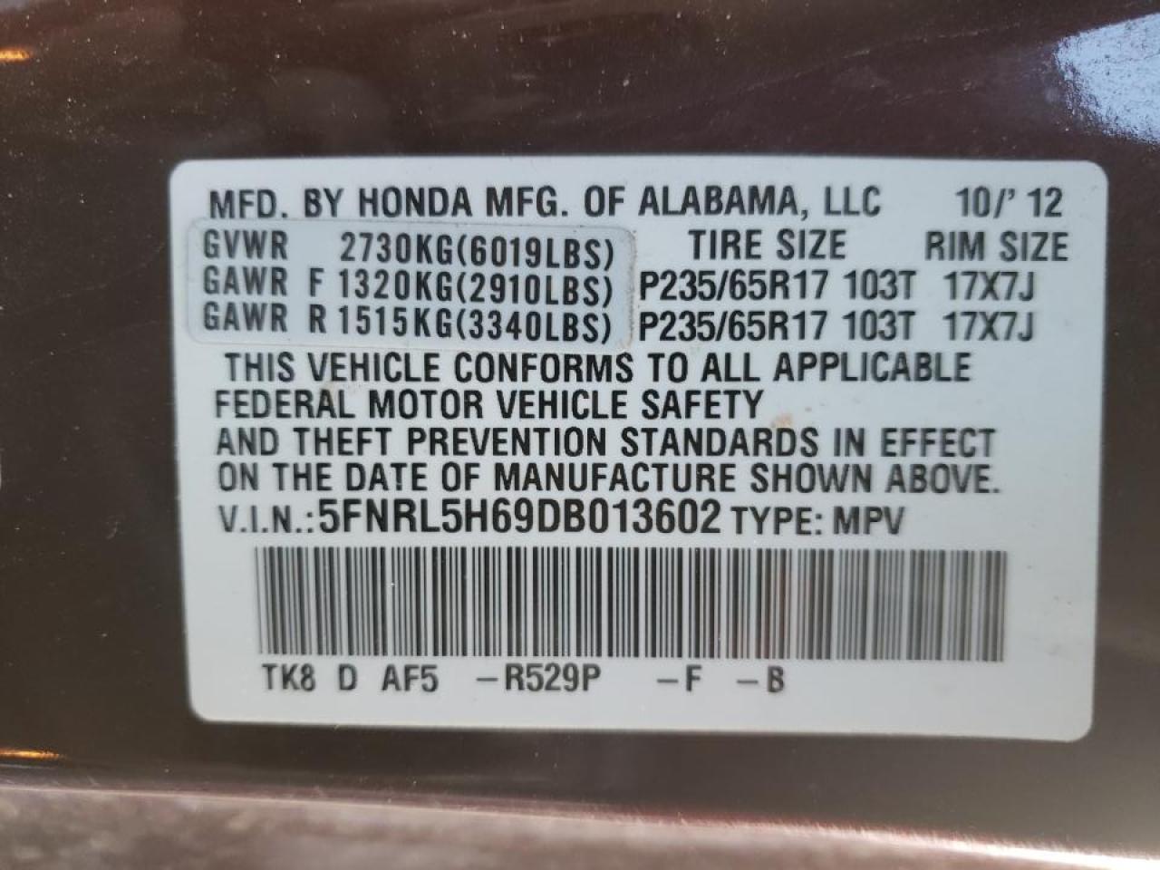 Photo 10 from auction – 2013 HONDA ODYSSEY EX with VIN 5FNRL5H69DB013602