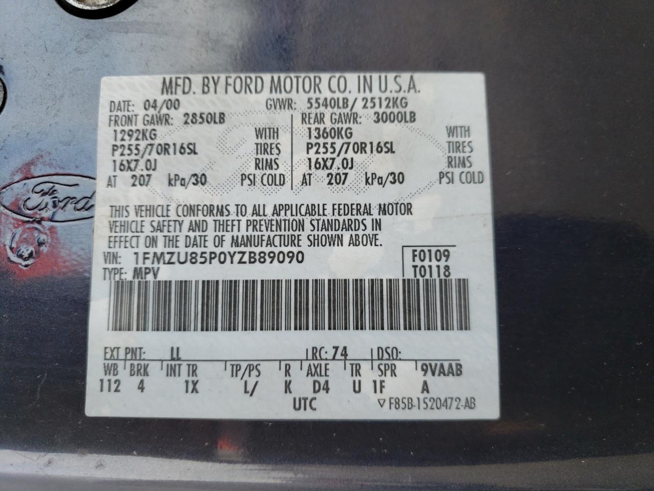 Photo 10 from auction – 2000 FORD EXPLORER L with VIN 1FMZU85P0YZB89090