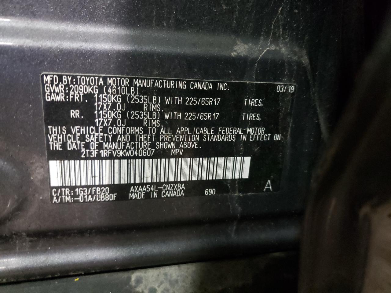 Photo 10 from auction – 2019 TOYOTA RAV4 LE with VIN 2T3F1RFV9KW040607