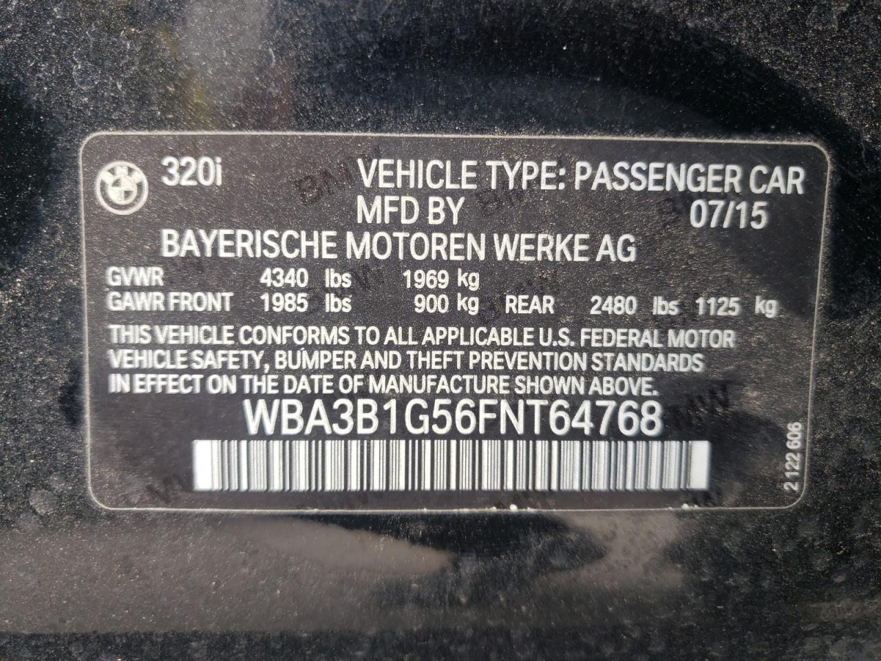 Photo 10 from auction – 2015 BMW 320 I with VIN WBA3B1G56FNT64768