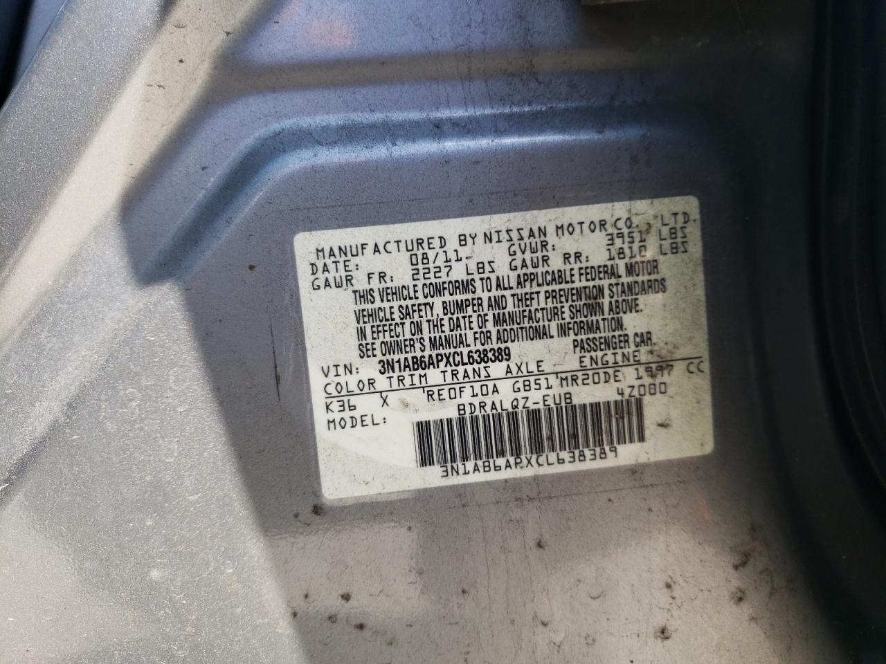 Photo 10 from auction – 2012 NISSAN SENTRA 2.0 with VIN 3N1AB6APXCL638389