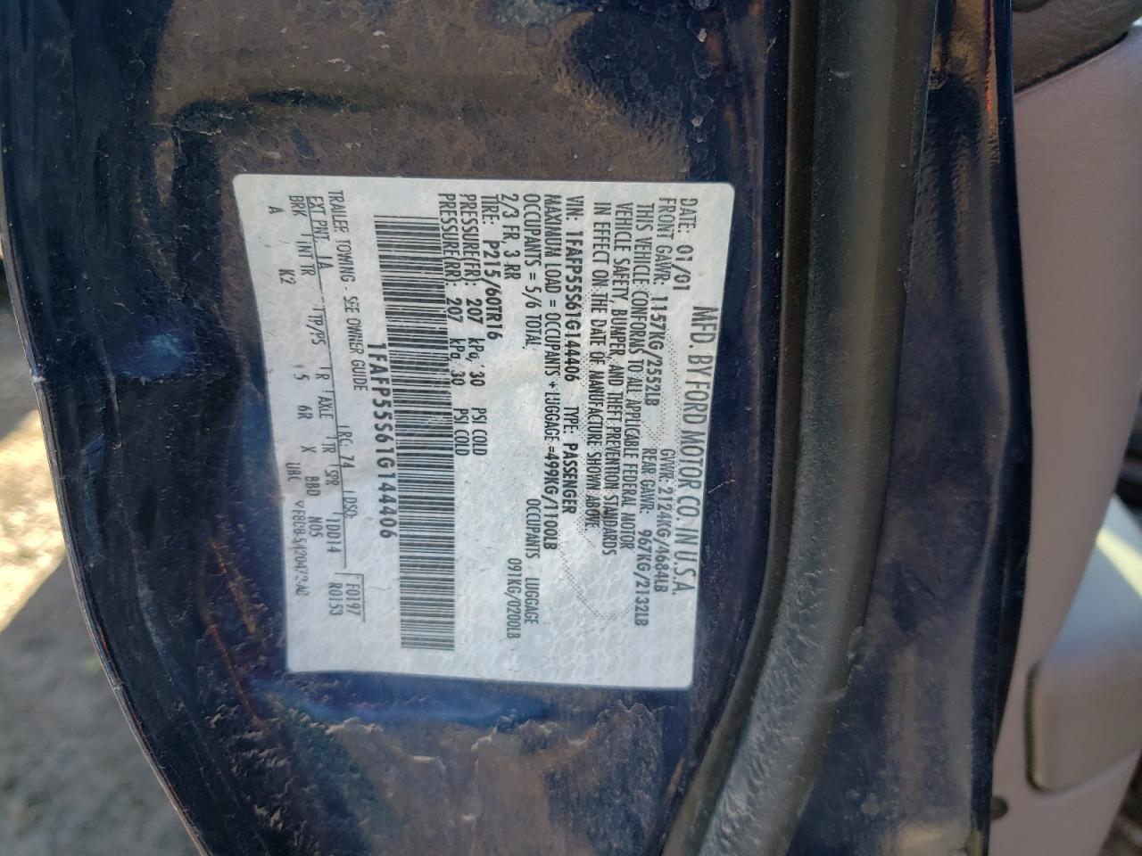 Photo 10 from auction – 2001 FORD TAURUS SES with VIN 1FAFP55S61G144406