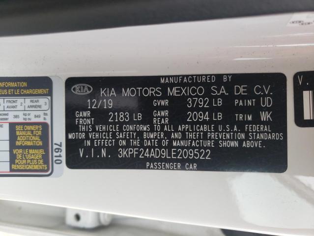 KIA FORTE FE 2020 with VIN 3KPF24AD9LE209522 - Photo from auction
