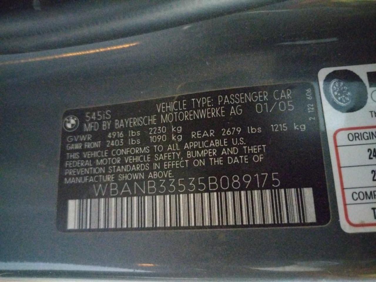 Photo 10 from auction – 2005 BMW 545 I with VIN WBANB33535B089175