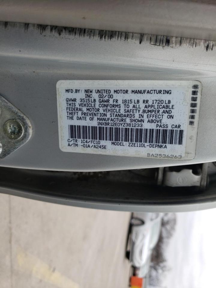 Photo 10 from auction – 2000 TOYOTA COROLLA VE with VIN 1NXBR12E0YZ381233