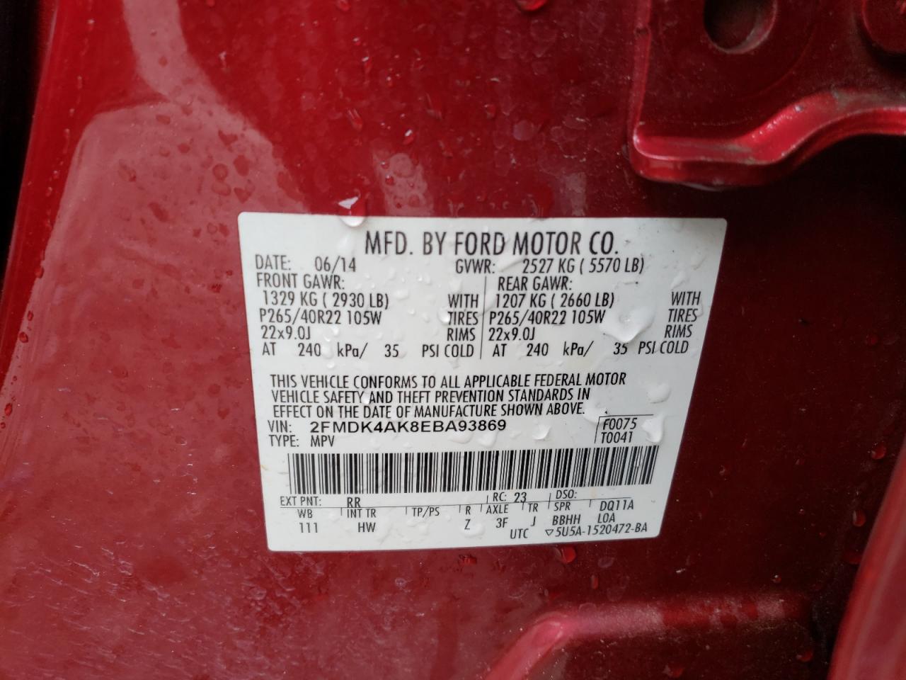 Photo 10 from auction – 2014 FORD EDGE SPORT with VIN 2FMDK4AK8EBA93869