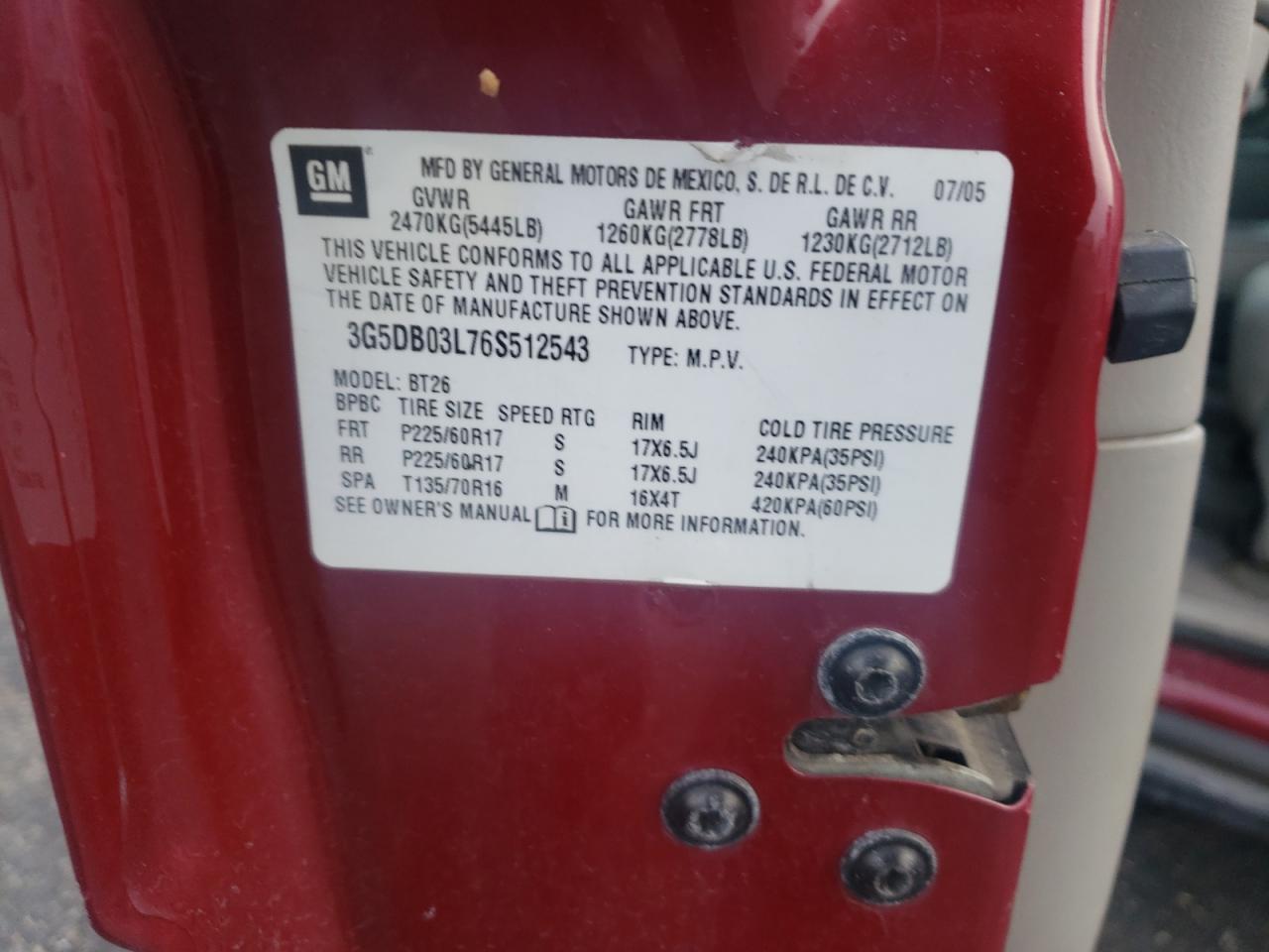 Photo 10 from auction – 2006 BUICK RENDEZVOUS with VIN 3G5DB03L76S512543