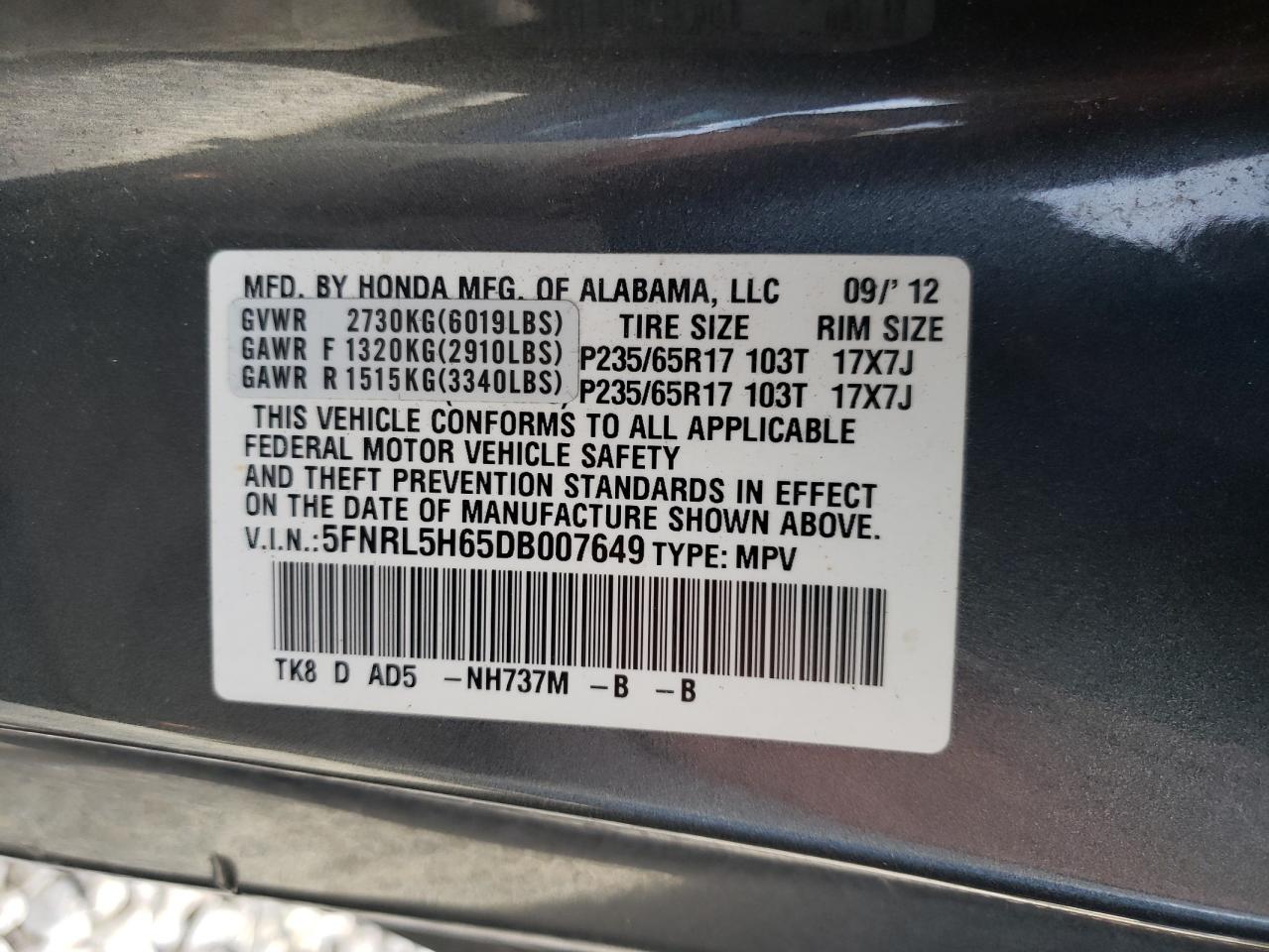 Photo 10 from auction – 2013 HONDA ODYSSEY EX with VIN 5FNRL5H65DB007649