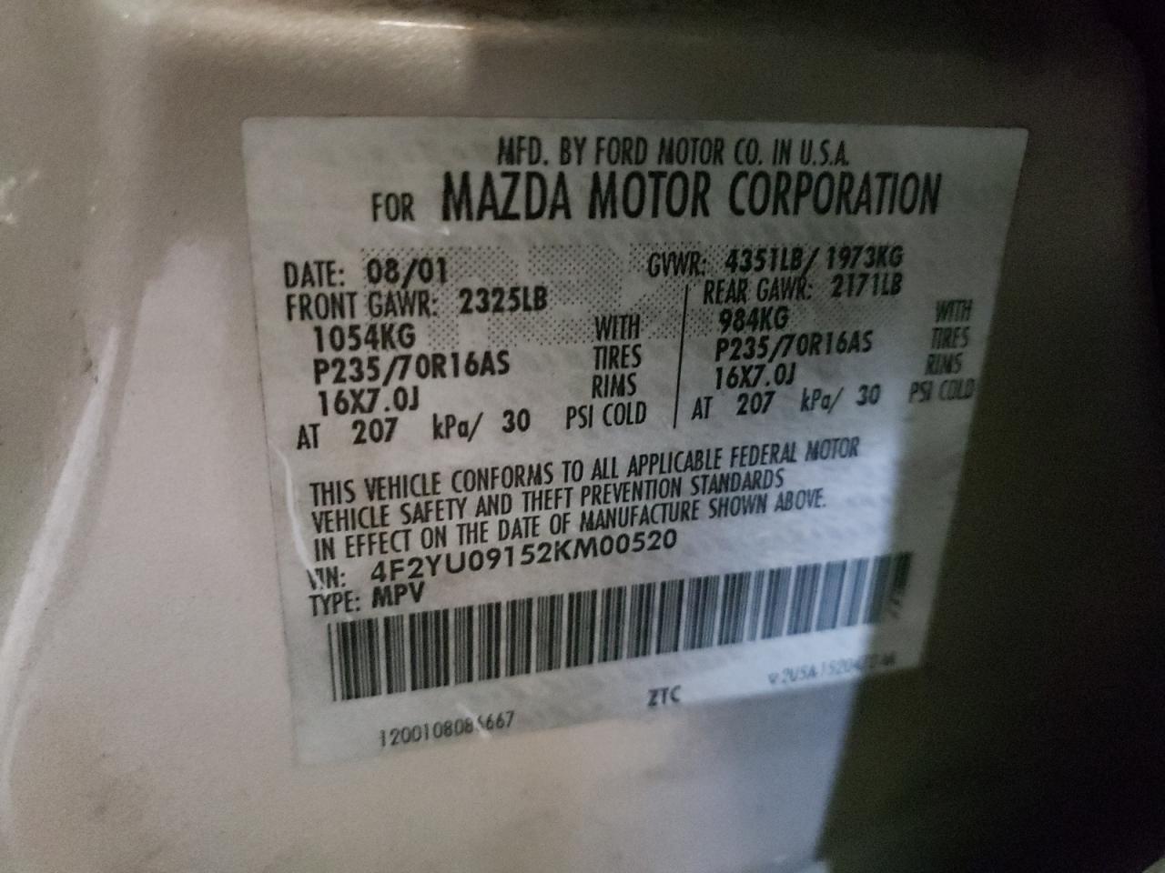 Photo 10 from auction – 2002 MAZDA TRIBUTE LX with VIN 4F2YU09152KM00520