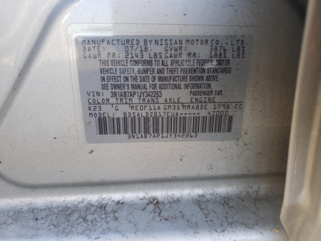 Photo 10 from auction – 2018 NISSAN SENTRA S with VIN 3N1AB7AP1JY342263