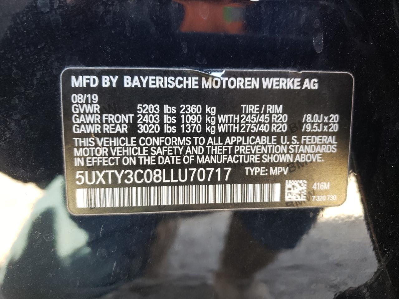 Photo 10 from auction – 2020 BMW X3 SDRIVE3 with VIN 5UXTY3C08LLU70717