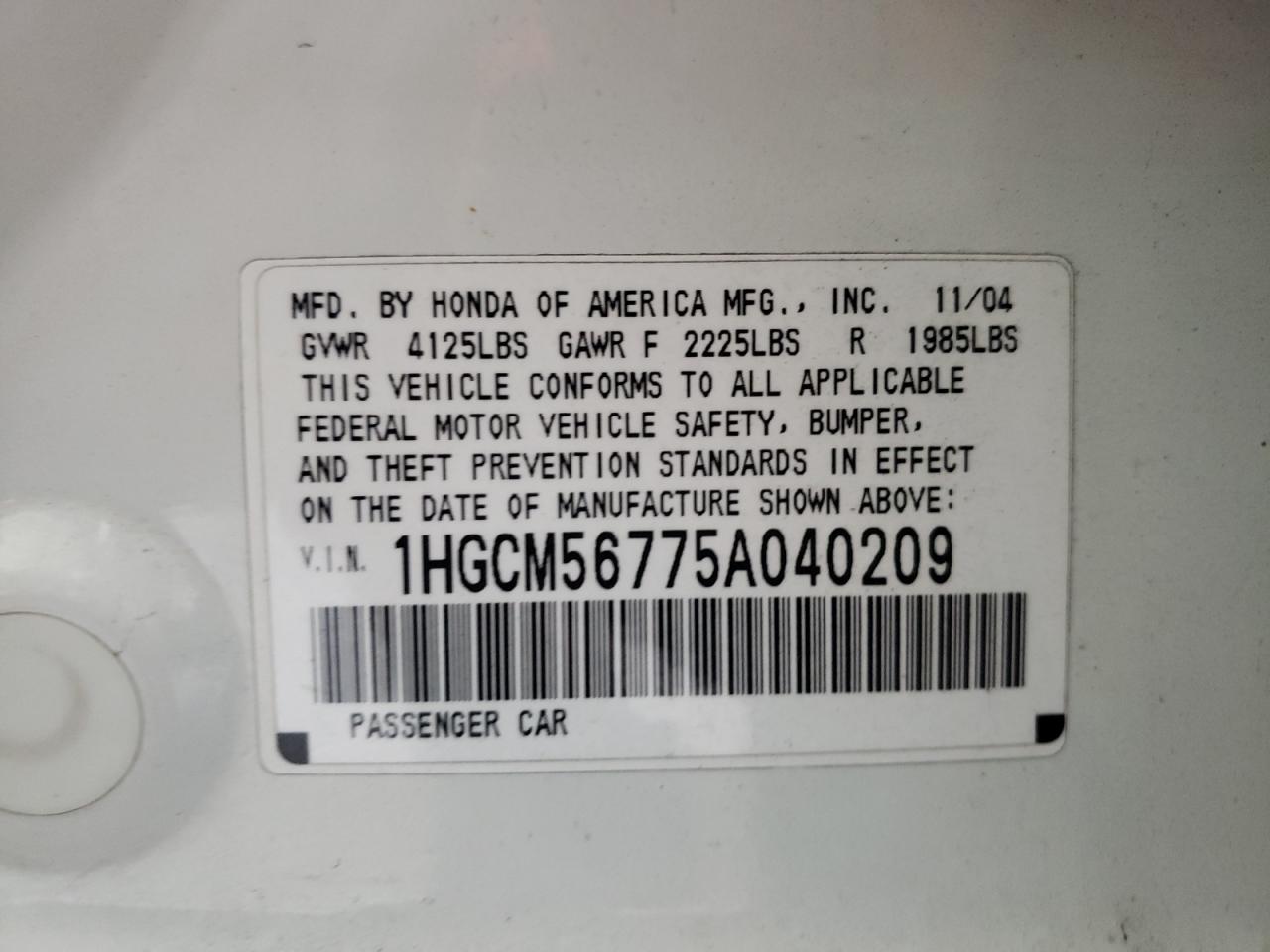 Photo 10 from auction – 2005 HONDA ACCORD EX with VIN 1HGCM56775A040209