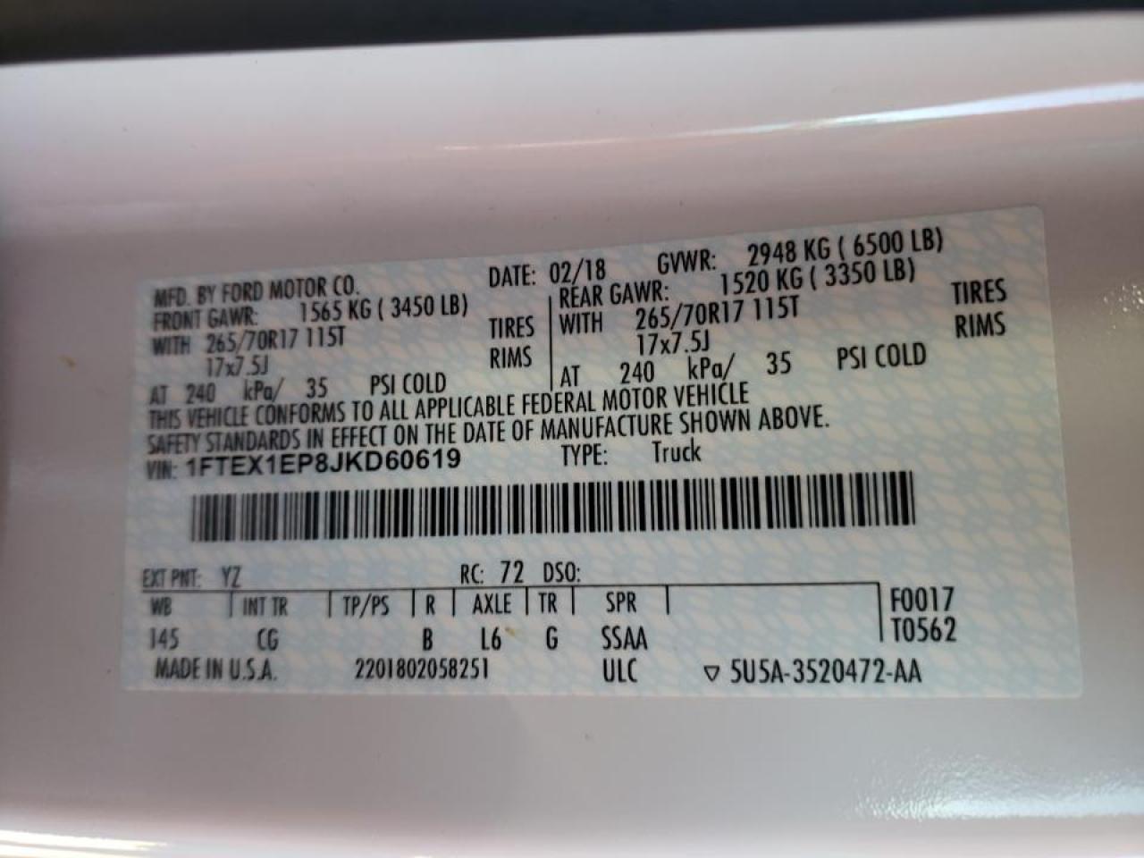 Photo 10 from auction – 2018 FORD F150 SUPER with VIN 1FTEX1EP8JKD60619