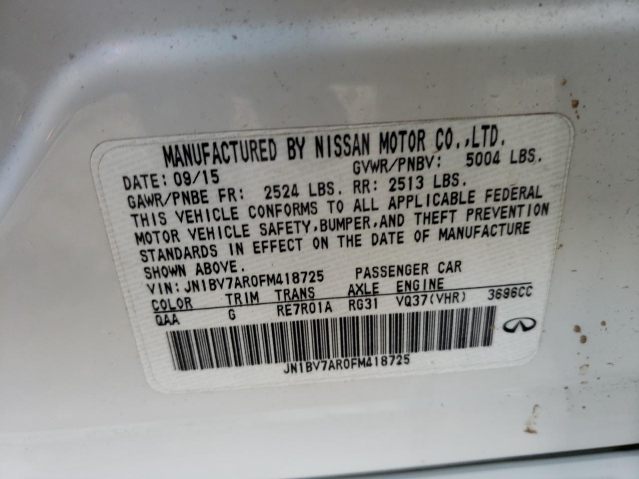 Photo 10 from auction – 2015 INFINITI Q50 BASE with VIN JN1BV7AR0FM418725