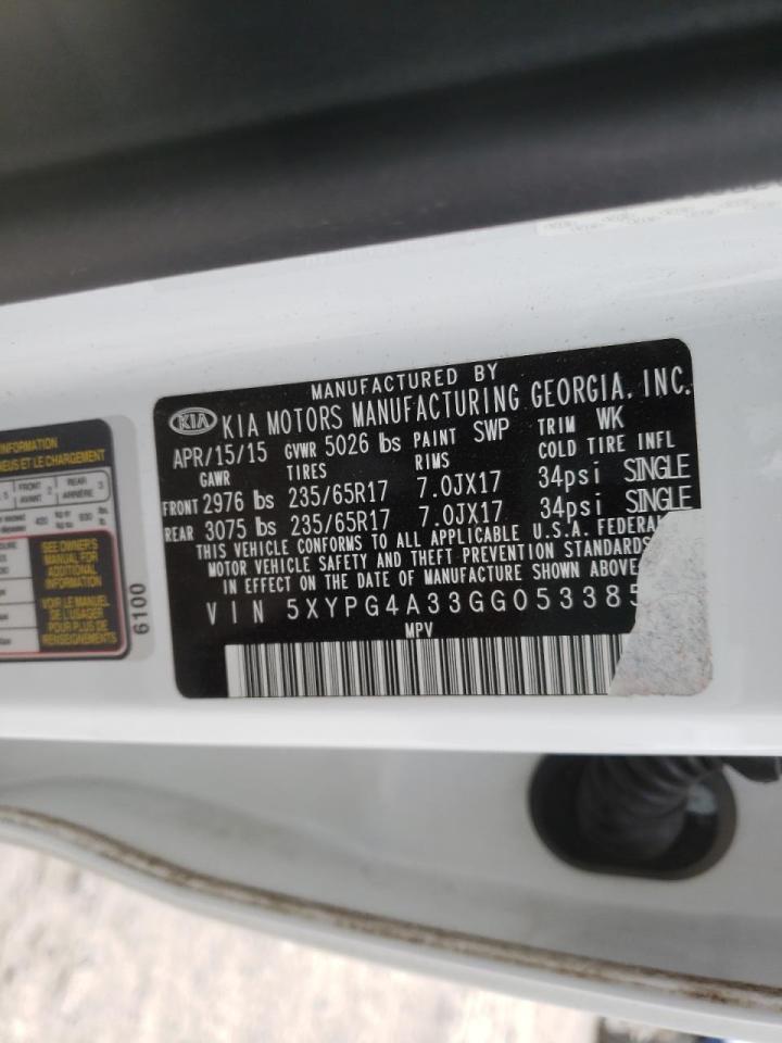 Photo 10 from auction – 2016 KIA SORENTO LX with VIN 5XYPG4A33GG053385