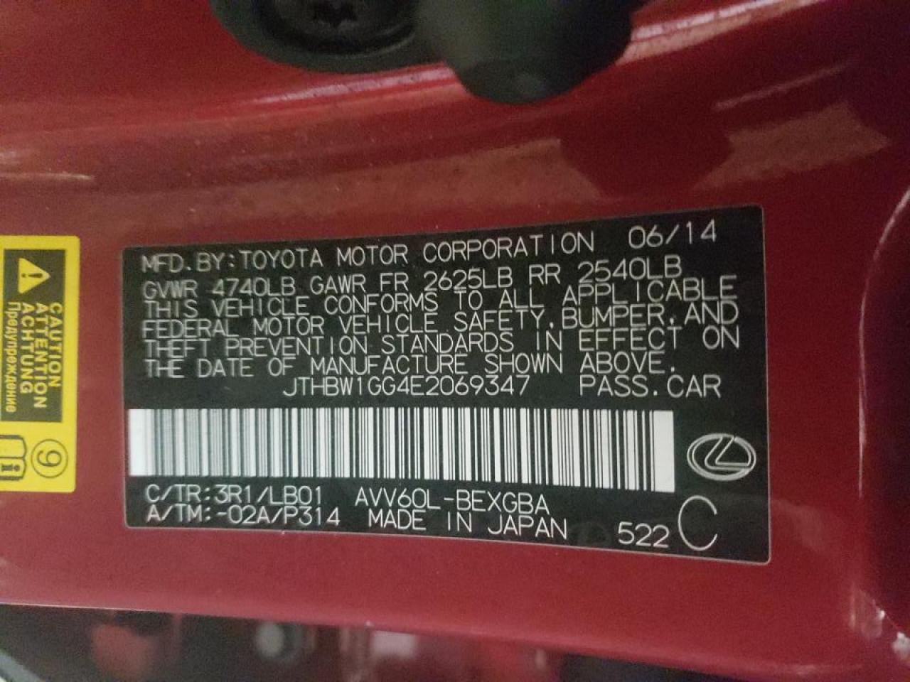 Photo 10 from auction – 2014 LEXUS ES 300H with VIN JTHBW1GG4E2069347