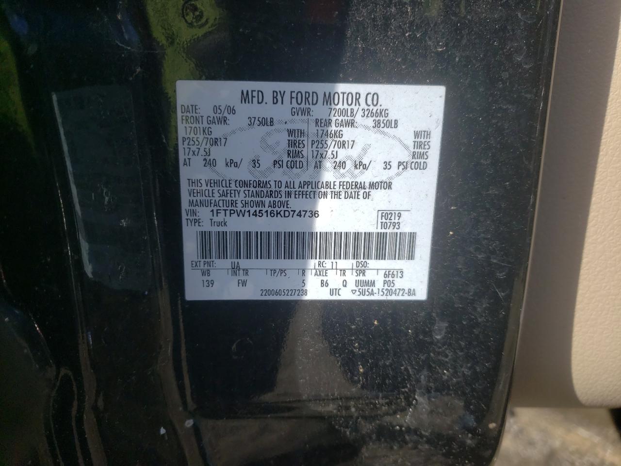 Photo 10 from auction – 2006 FORD F-150 with VIN 1FTPW14516KD74736