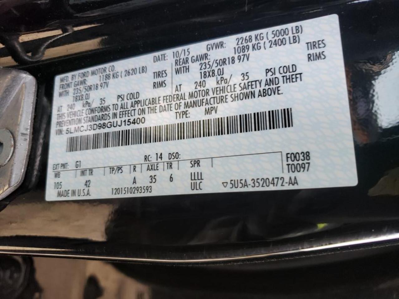 Photo 10 from auction – 2016 LINCOLN MKC RESERV with VIN 5LMCJ3D98GUJ15400