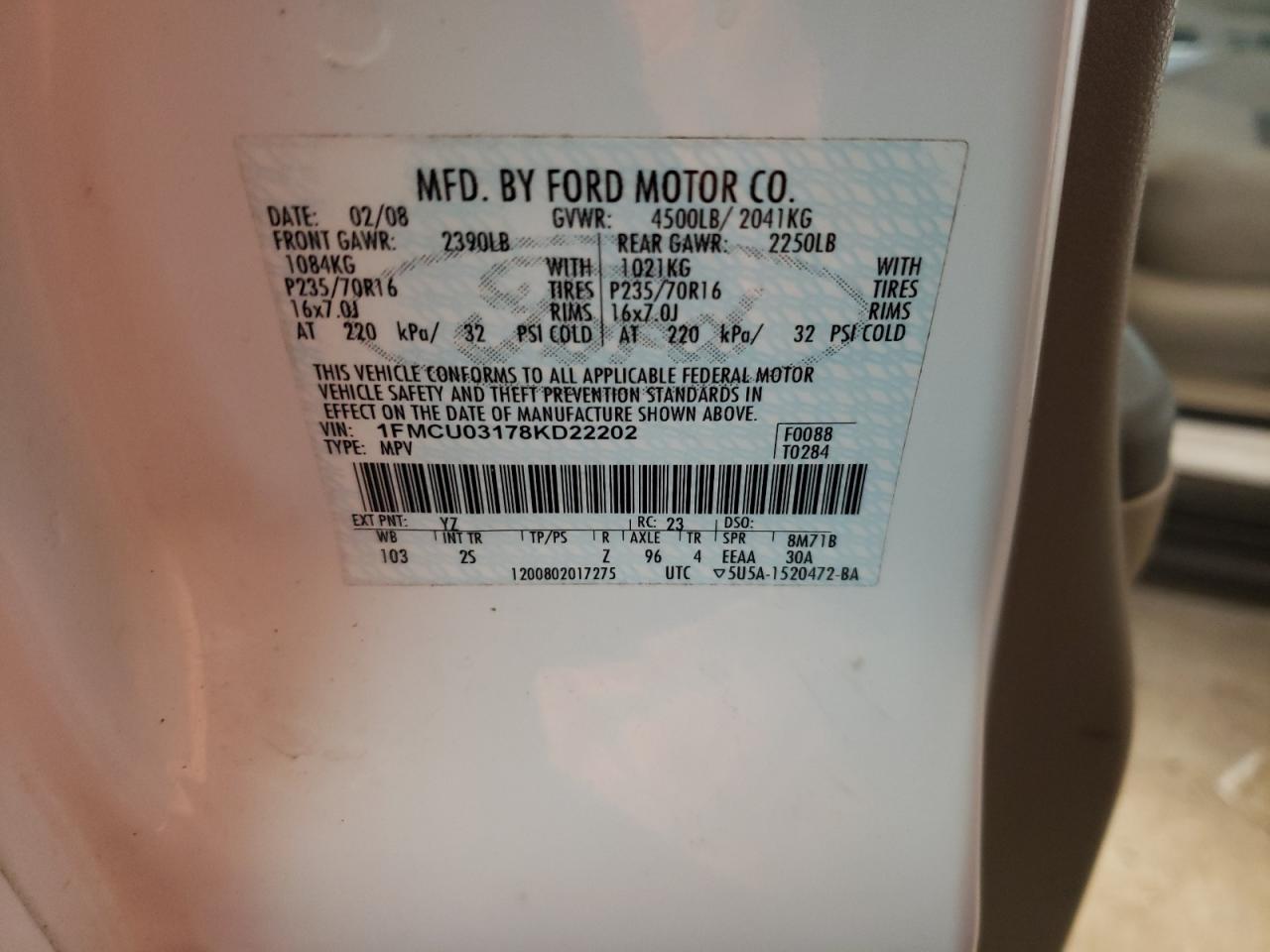 Photo 10 from auction – 2008 FORD ESCAPE XLT with VIN 1FMCU03178KD22202
