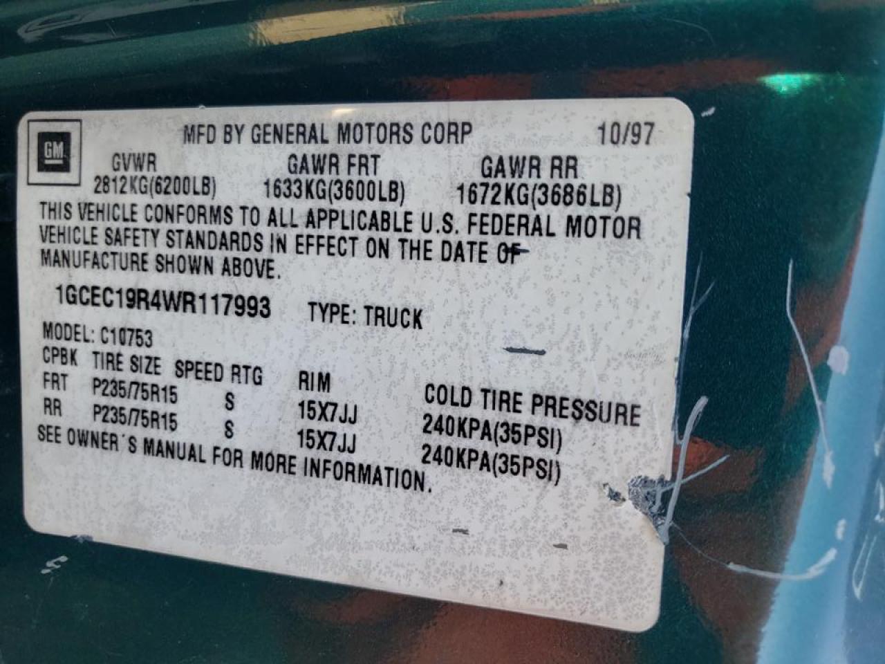 Photo 10 from auction – 1998 CHEVROLET GMT-400 C1 with VIN 1GCEC19R4WR117993