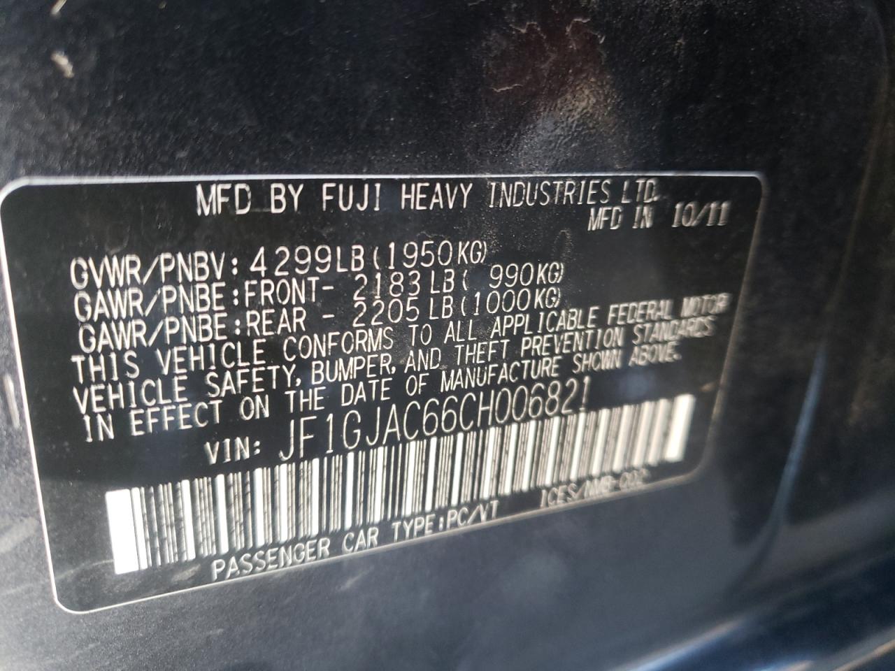 Photo 10 from auction – 2012 SUBARU IMPREZA PR with VIN JF1GJAC66CH006821