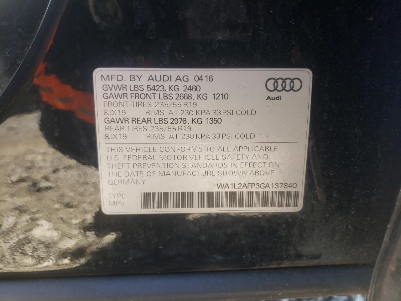 Photo 10 from auction – 2016 AUDI Q5 PREMIUM with VIN WA1L2AFP3GA137840
