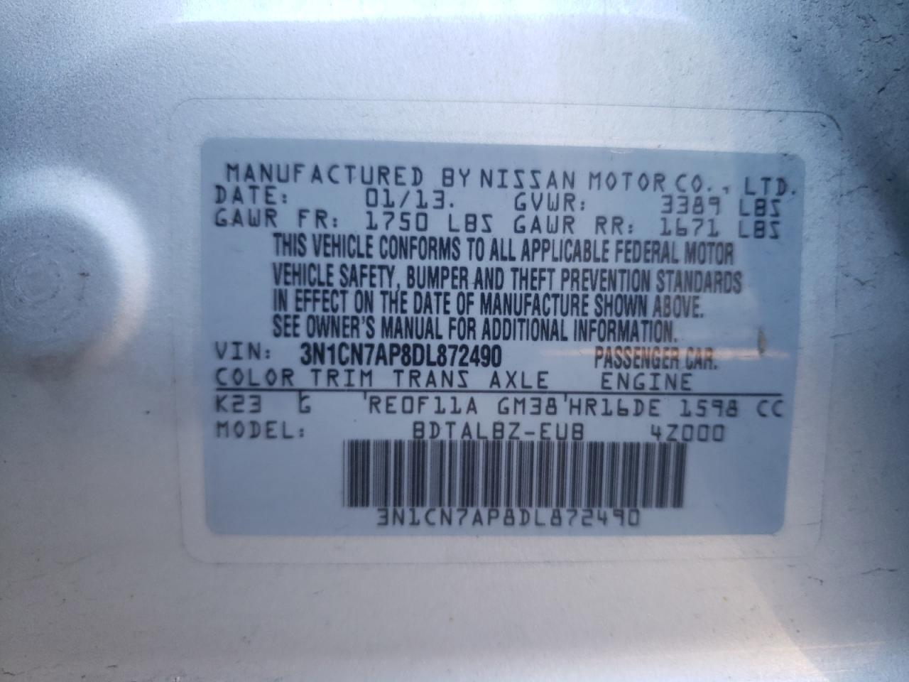 Photo 10 from auction – 2013 NISSAN VERSA S with VIN 3N1CN7AP8DL872490