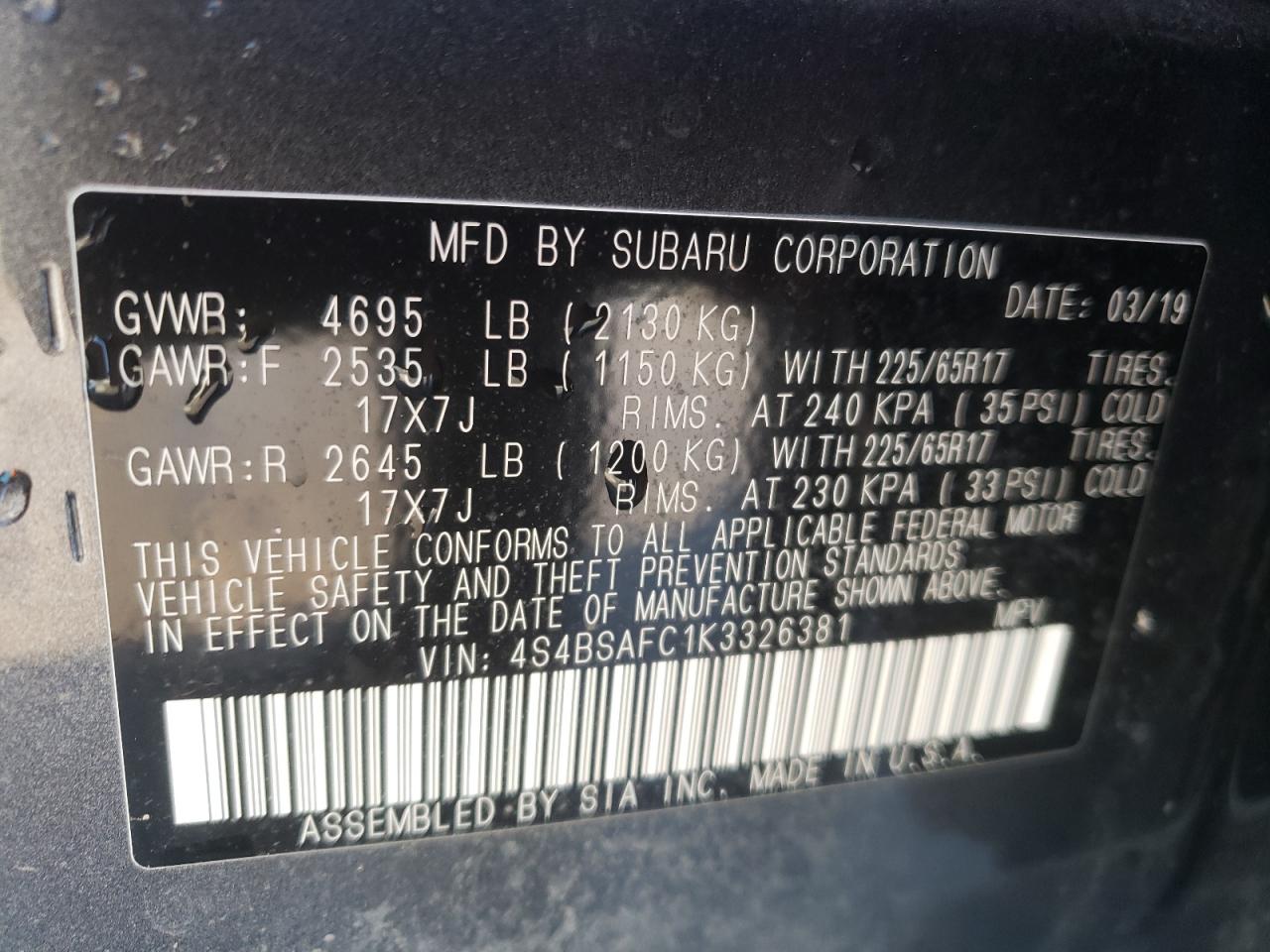 Photo 10 from auction – 2019 SUBARU OUTBACK 2. with VIN 4S4BSAFC1K3326381