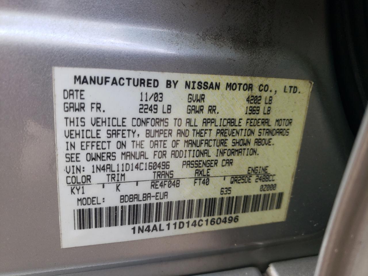 Photo 10 from auction – 2004 NISSAN ALTIMA BAS with VIN 1N4AL11D14C160496