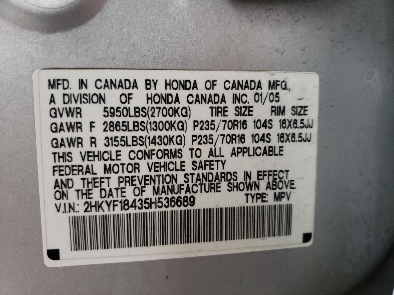 Photo 10 from auction – 2005 HONDA PILOT EX with VIN 2HKYF18435H536689