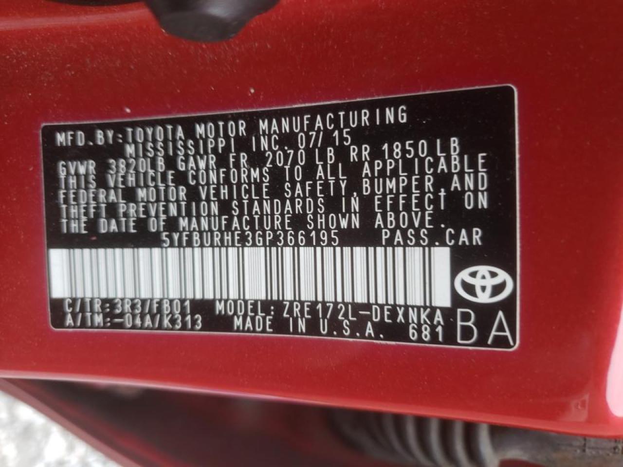 Photo 10 from auction – 2016 TOYOTA COROLLA L with VIN 5YFBURHE3GP366195