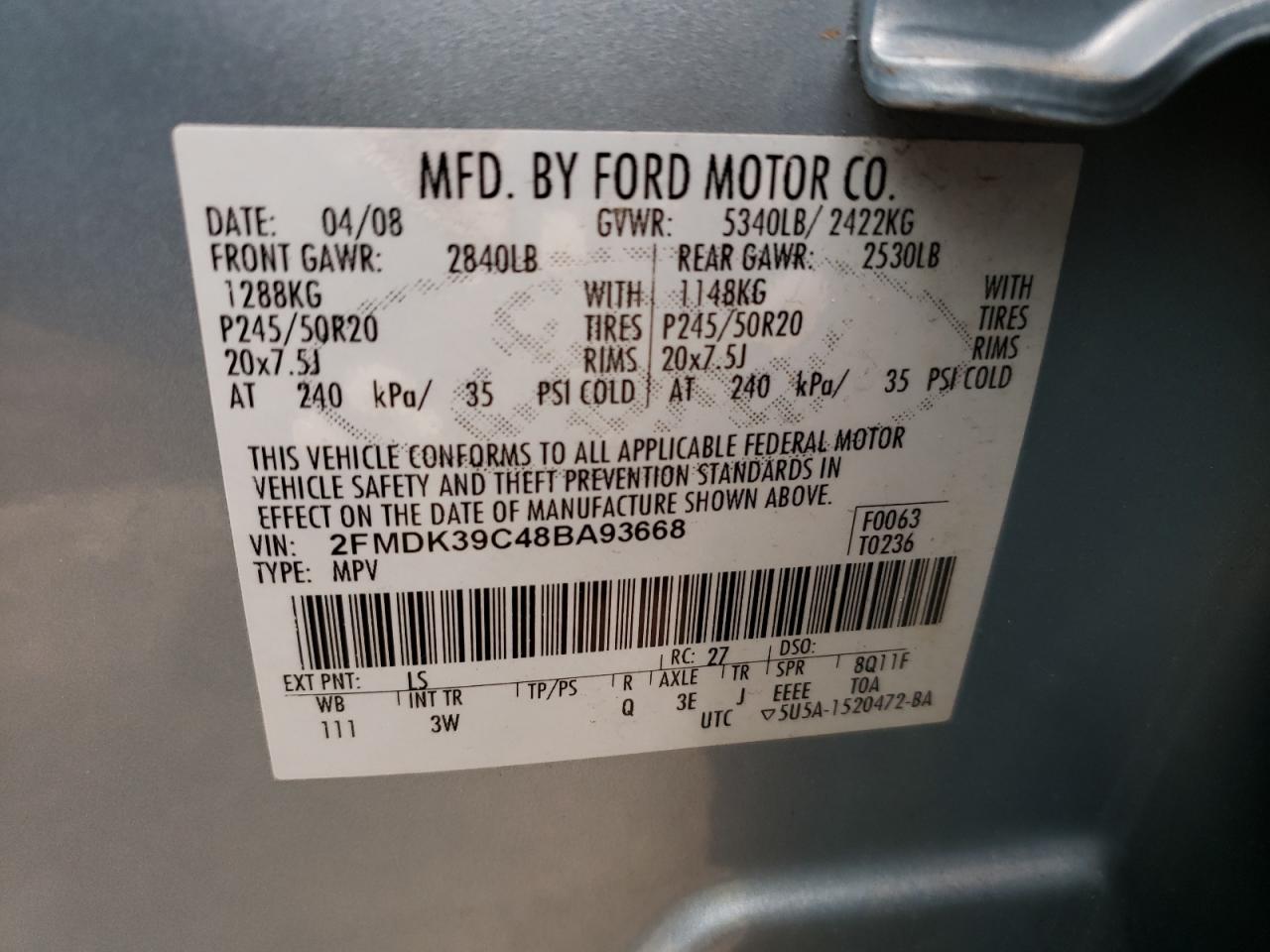 Photo 10 from auction – 2008 FORD EDGE LIMIT with VIN 2FMDK39C48BA93668