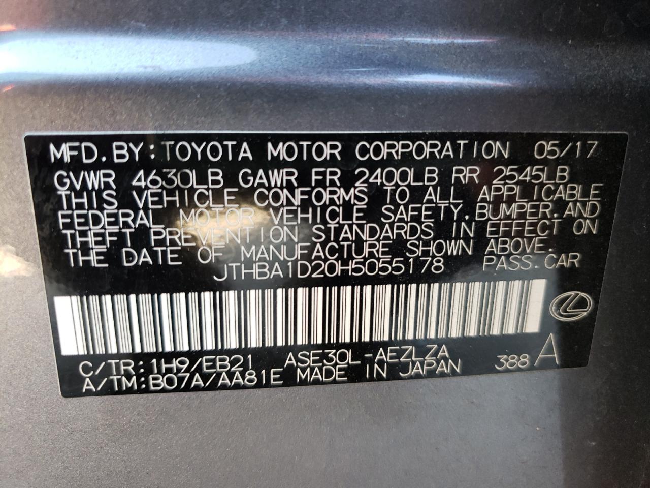 Photo 10 from auction – 2017 LEXUS IS 200T with VIN JTHBA1D20H5055178