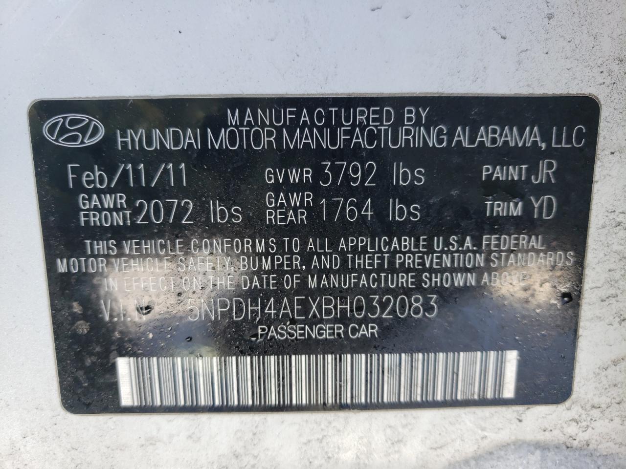 Photo 10 from auction – 2011 HYUNDAI ELANTRA GL with VIN 5NPDH4AEXBH032083