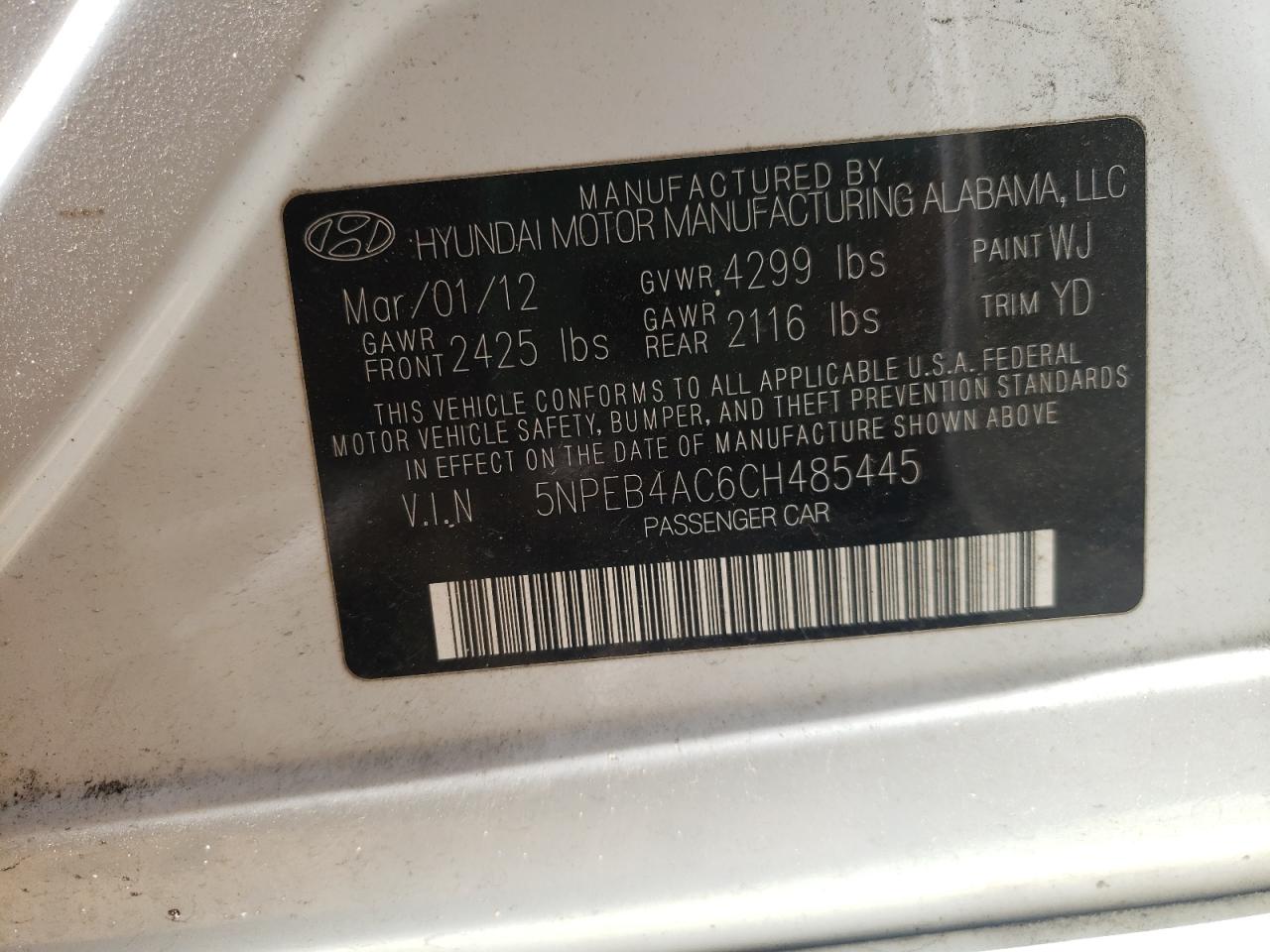 Photo 10 from auction – 2012 HYUNDAI SONATA GLS with VIN 5NPEB4AC6CH485445