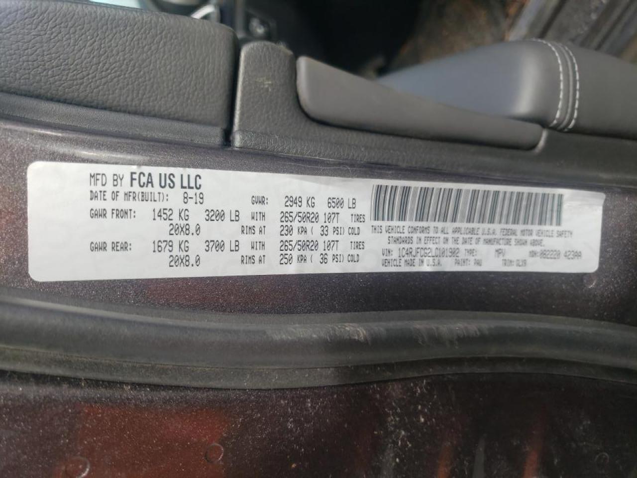 Photo 10 from auction – 2020 JEEP GRAND CHER with VIN 1C4RJFCG2LC101902